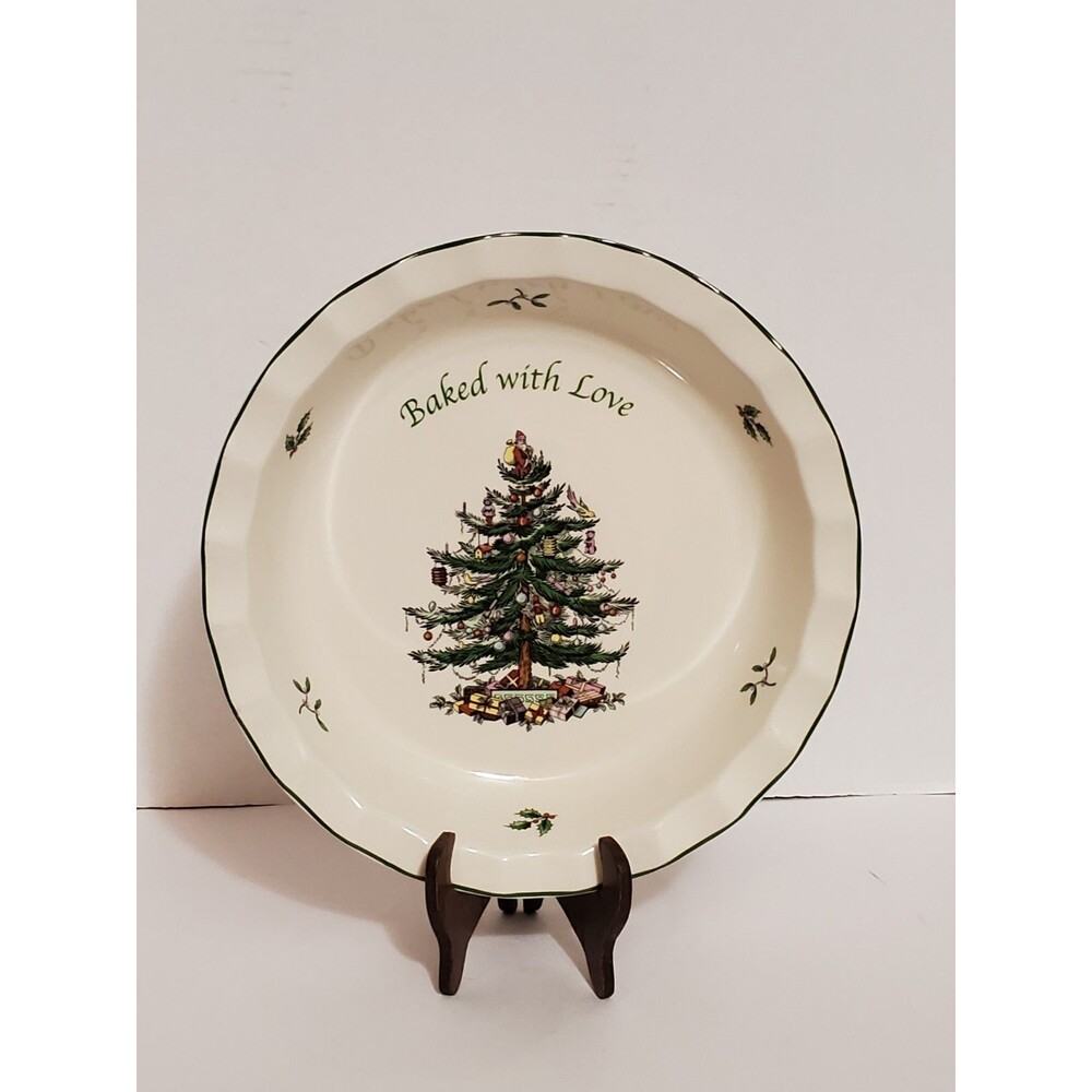 Spode Christmas Tree Pie Dish Baked With Love Scalloped Stoneware 10" Plate NWT